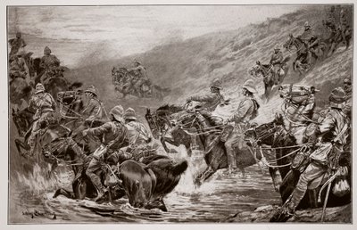 The Dash for Kimberley - The 10th Hussars Crossing Klip Drift, etter en skisse av G.D. Giles (fl.1890) av John Charlton