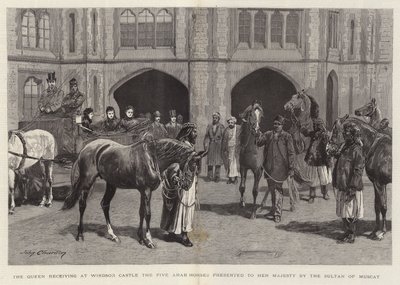 Dronningen mottok på Windsor Castle de fem arabiske hestene presentert for Hennes Majestet av Sultanen av Muscat av John Charlton
