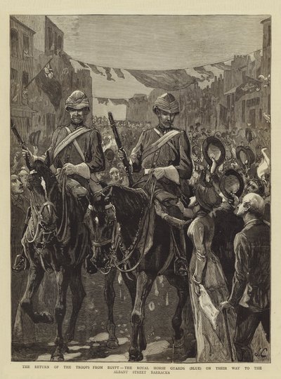 Troppenes retur fra Egypt, Royal Horse Guards (blå) på vei til Albany Street Barracks av John Charlton