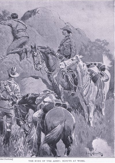 Hærens øyne, speidere på jobb, fra After Pretoria: The Guerilla War utgitt av Harmsworth Bros Limited, 1901 av John Charlton