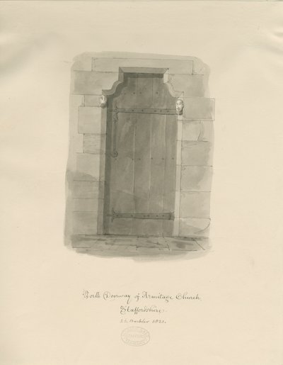 Armitage Church - North Doorway: sepia-tegning av John Chessell Buckler