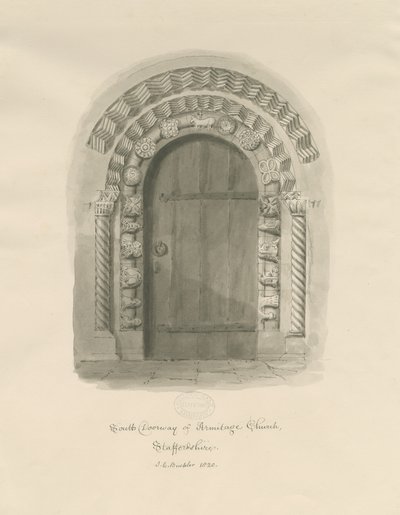Armitage Church - South Doorway: sepia-tegning av John Chessell Buckler