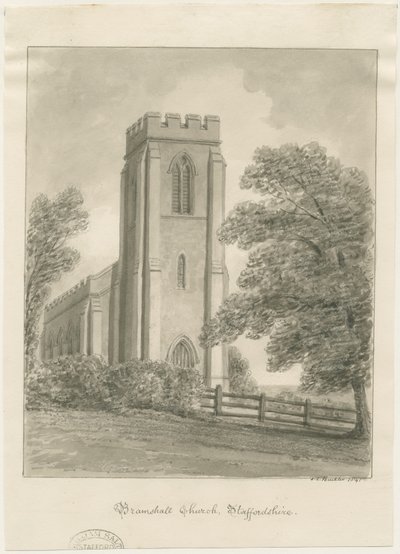 Bramshall kirke: sepia tegning av John Chessell Buckler