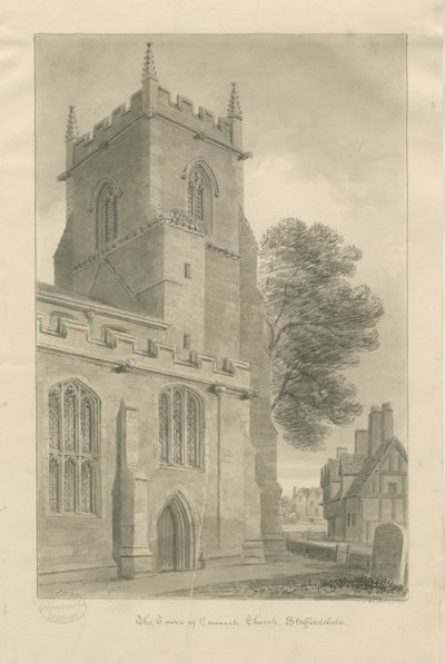 Cannock kirke: sepia tegning av John Chessell Buckler