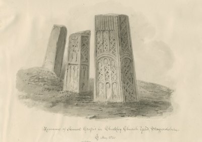 Checkley Church - Ancient Crosses: sepia-tegning av John Chessell Buckler