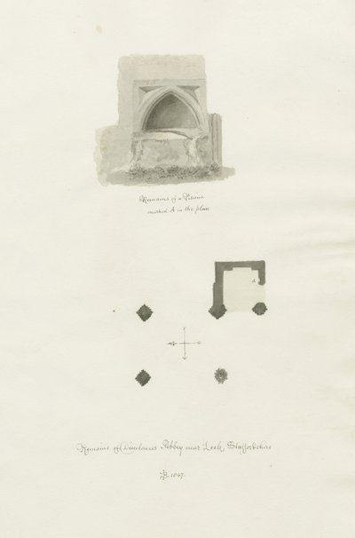 Dieulacres Abbey: sepia-tegning av John Chessell Buckler