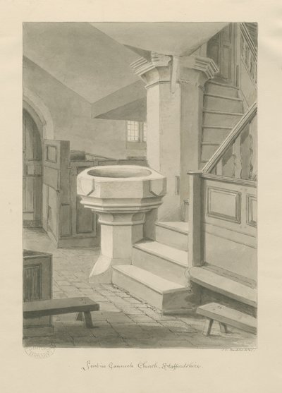 Font i Cannock Church: sepia-tegning, 1841 av John Chessell Buckler
