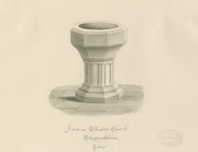 Font i Ellastone Church: sepia-tegning av John Chessell Buckler