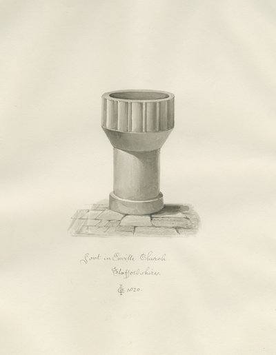 Font i Enville kirke: sepia-tegning av John Chessell Buckler