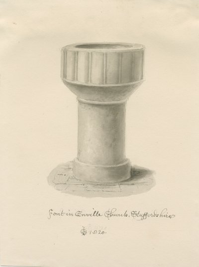 Font i Enville kirke: sepia-tegning, 1820 av John Chessell Buckler