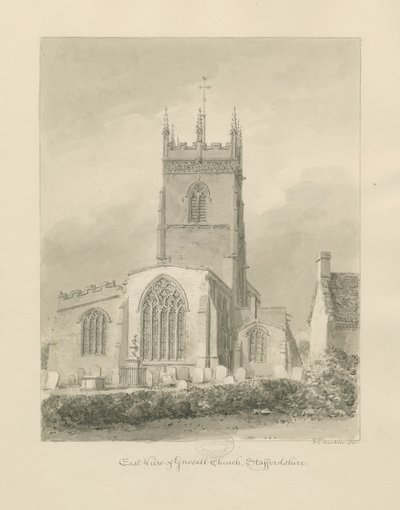 Gnosall kirke: sepia tegning av John Chessell Buckler