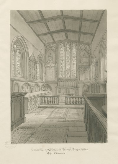 Interiør i Blithfield Church: sepia-tegning av John Chessell Buckler