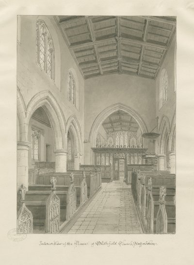 Interiør i Blithfield Church: sepia-tegning, 1824 av John Chessell Buckler