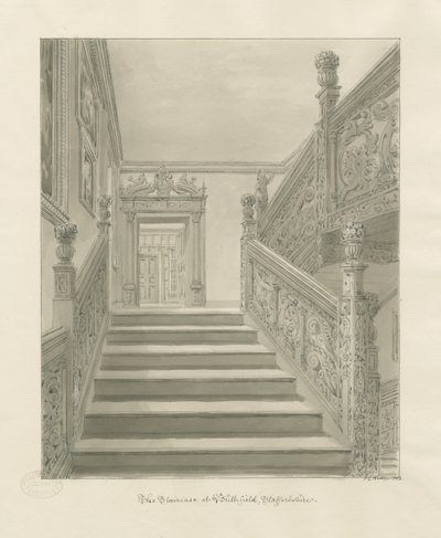 Interiør i Blithfield Hall: sepia-tegning av John Chessell Buckler