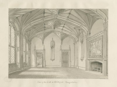 Interiør i Blithfield Hall: sepia-tegning, 1823 av John Chessell Buckler