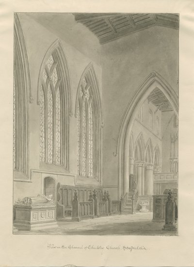 Interiør i Checkley Church: sepia-tegning, 1841 av John Chessell Buckler