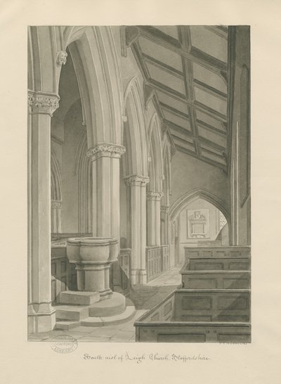 Interiør i Leigh Church: sepia-tegning av John Chessell Buckler