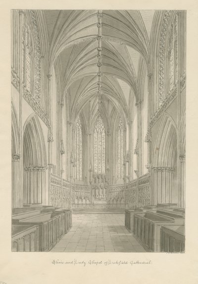 Interiør i Lichfield Cathedral - Choir and Lady Chapel: sepia-tegning av John Chessell Buckler