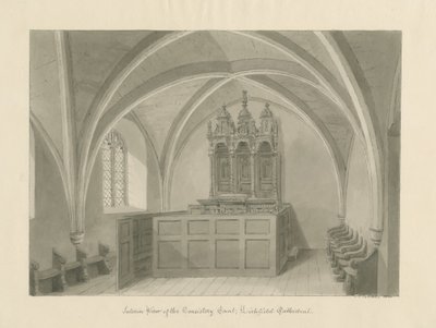 Interiør i Lichfield Cathedral - Consistory Court: sepia-tegning av John Chessell Buckler