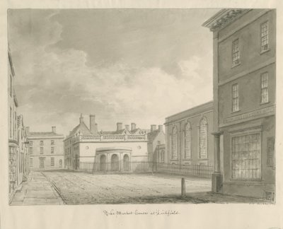 Lichfield - Market House: sepia-tegning av John Chessell Buckler