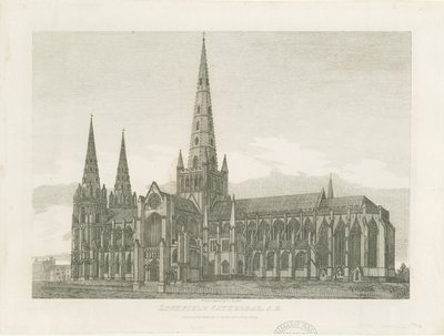 Lichfield Cathedral - South East View: gravering, og [c 1820] (trykk) av John Chessell Buckler