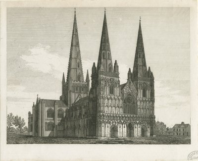Lichfield Cathedral - West Front: gravering, og [begynnelsen av 1800-tallet] (trykk) av John Chessell Buckler