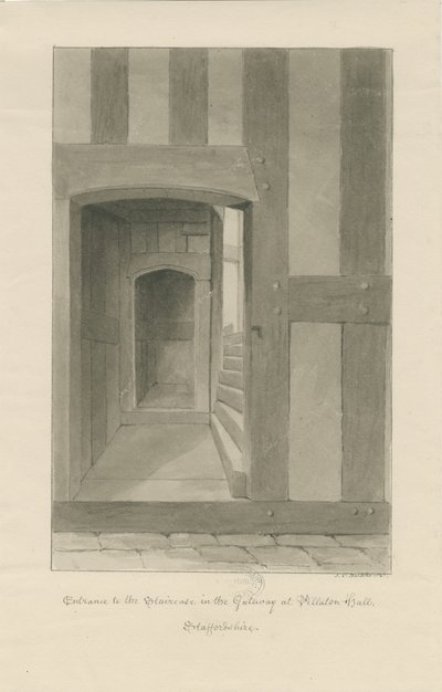 Pillaton Hall - Interiør i Gatehouse: sepia-tegning av John Chessell Buckler