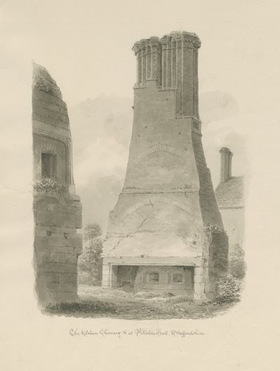 Pillaton Hall - Kitchen Chimney: sepia tegning av John Chessell Buckler