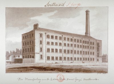 Pinnefabrikk nær London Road, Southwark, London, 1827 av John Chessell Buckler
