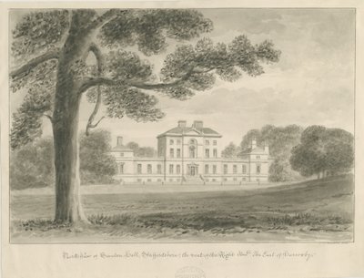 Sandon Hall: sepia vask tegning av John Chessell Buckler