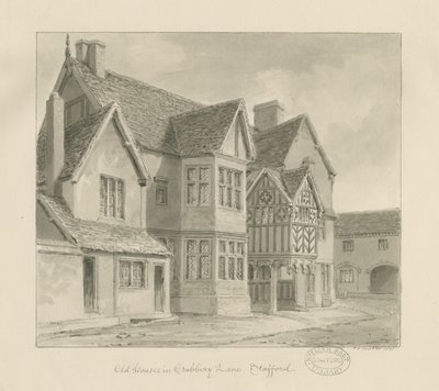 Stafford - Old Houses in Crabbery Lane: sepia-tegning, 1841 av John Chessell Buckler