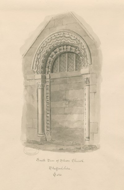 Stowe Church - South Door: sepia tegning av John Chessell Buckler