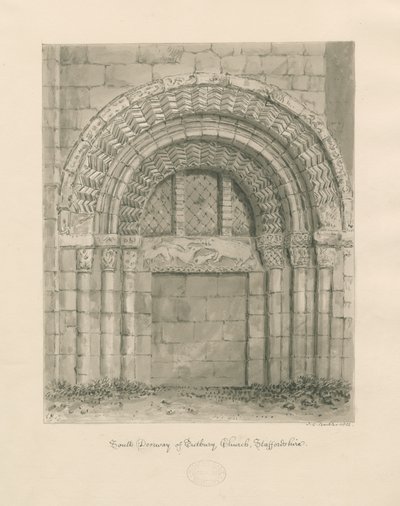 Tutbury Priory Church - South Doorway: sepia vasketegning, 1812 av John Chessell Buckler