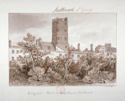 Utsikt over telegrafisk tårn på West Square, Southwark, London, 1827 av John Chessell Buckler