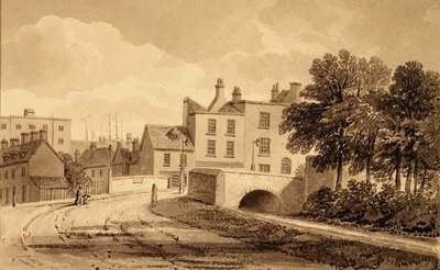 Utsikt over Mill Pond Bridge, Bermondsey av John Chessell Buckler