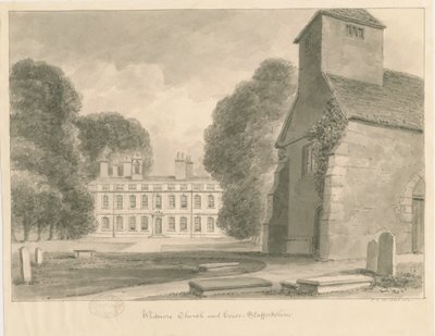 Whitmore Church and House: sepia vasketegning, 1841 av John Chessell Buckler