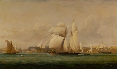 En toppseilskoter, to Royal Yacht Squadron Cutters og et amerikansk handelsskip (olje) av John Christian Schetky