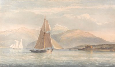Båt som seiler til høyre med fjell i bakgrunnen av John Christian Schetky