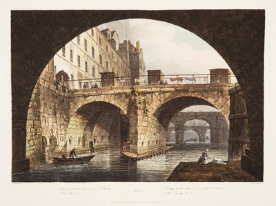 Bridge of the Hotel Dieu kalt St Charles, Little Bridge, illustrasjon fra Versailles, Paris og Saint Denis, pub. 1806 (akvatint) av John Claude Nattes
