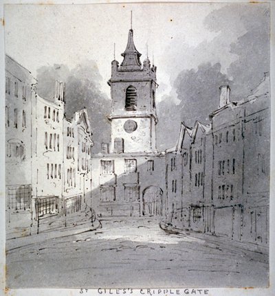 Church of St Giles uten Cripplegate fra Fore Street, City of London, 1790. av John Claude Nattes