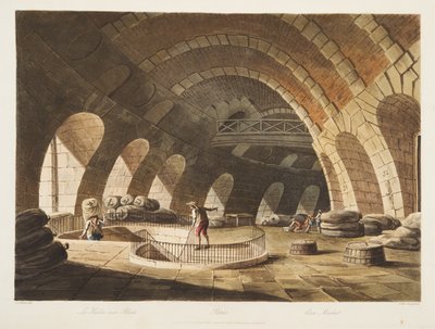 Corn Market, illustrasjon fra Versailles, Paris og Saint Denis, pub. 1805 (akvatint) av John Claude Nattes