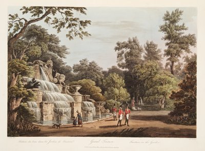 Grand Trianon, Fountain in the Garden, illustrasjon fra Versailles, Paris og Saint Denis, pub. 1805 (akvatint) av John Claude Nattes