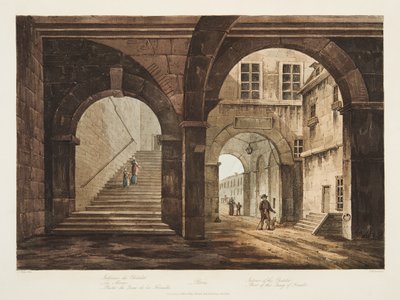 Interiør av Chatelet, en del av kaien i Feraille, illustrasjon fra Versailles, Paris og Saint Denis, pub. 1809 (akvatint) av John Claude Nattes