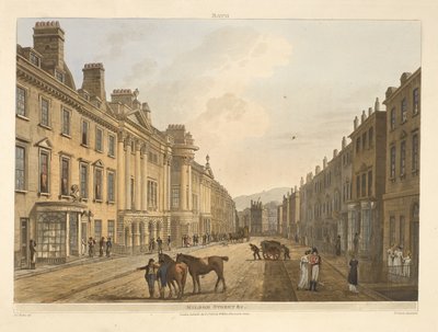 Milsom street.Bath, illustrert med en serie visninger, fra tegningene til J. C. Nattes; med beskrivelser til hver tallerken.John Claude Nattes1806 av John Claude Nattes