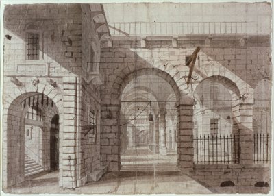 Newgate Prison Courtyard (blekk og vask på papir) av John Claude Nattes