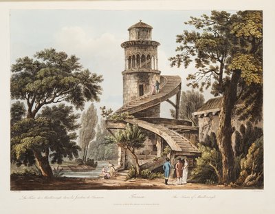 Trianon, The Tower of Marlborough, illustrasjon fra Versailles, Paris og Saint Denis, pub. 1809 (akvatint) av John Claude Nattes