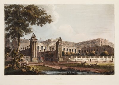 Versailles fra The Orangerie, illustrasjon fra Versailles, Paris og Saint Denis, pub. 1805 (akvatint) av John Claude Nattes
