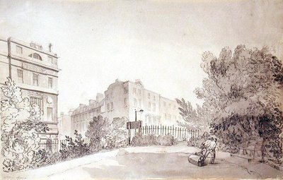 Utsikt over Fitzroy Square med to figurer som trekker en hagerulle, ca. 1808 (blekk og vask på papir) av John Claude Nattes