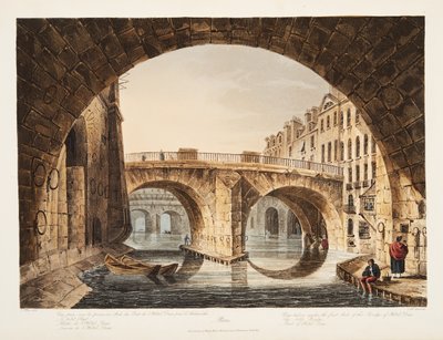 Utsikt tatt fra under den første brobuen til Hotel Dieu, den lille broen, en del av Hotel Dieu, illustrasjon fra Versailles, Paris og Saint Denis, pub. 1809 (akvatint) av John Claude Nattes