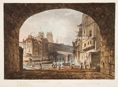 Fra under Arch of St Michels Bridge, illustrasjon fra Versailles, Paris og Saint Denis, pub. 1805 (akvatint) av John Claude after Nattes